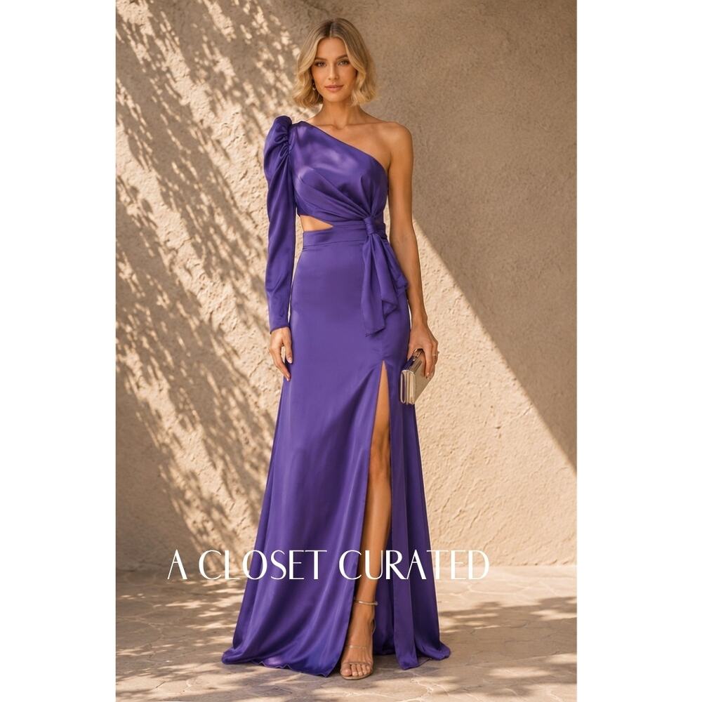 Mac Duggal Satin Puff Sleeve Column Gown 2 Purple NWT Style 49570